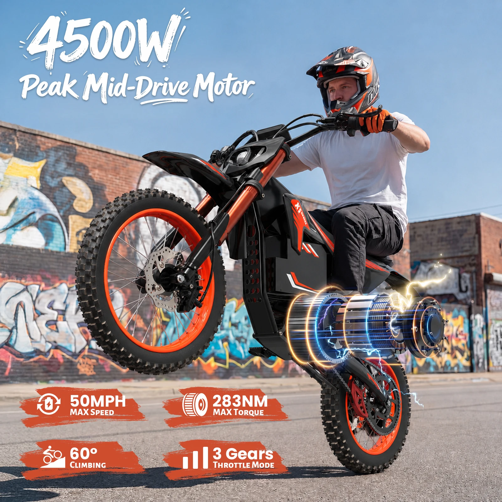 QRONGE X1 Spark L Orange Electric Dirt Bike 4500W Peak Electric Motorcycle 60V 28.8Ah E-Dirt Bike 50MPH 60 Mile Range E-Bike 17"/14"Fat Tire Electric Motorcycle For Mountain Off-Road Adults Teens 1-Year Warranty - view 2