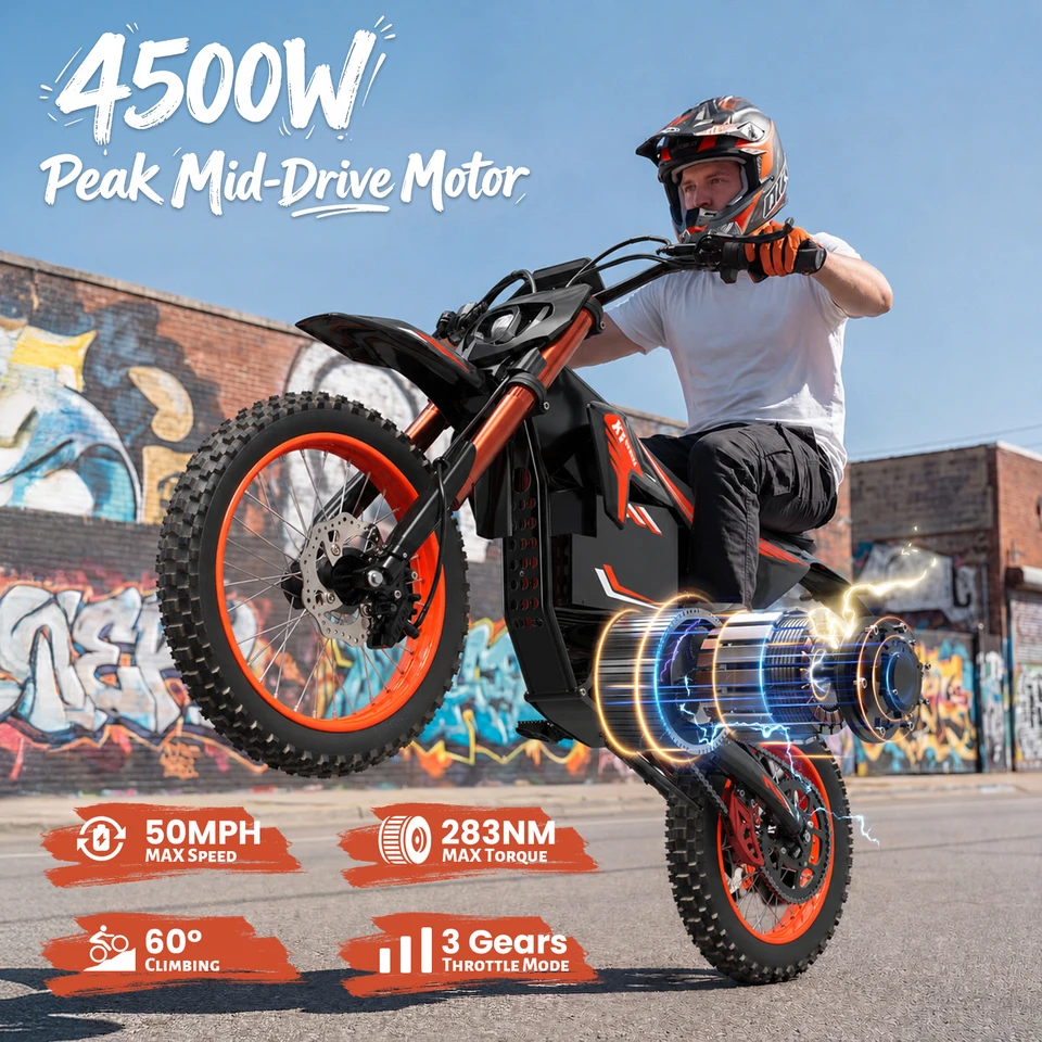 QRONGE X1 Spark L Orange Electric Dirt Bike 4500W Peak Electric Motorcycle 60V 28.8Ah E-Dirt Bike 50MPH 60 Mile Range E-Bike 17"/14"Fat Tire Electric Motorcycle For Mountain Off-Road Adults Teens 1-Year Warranty image 3