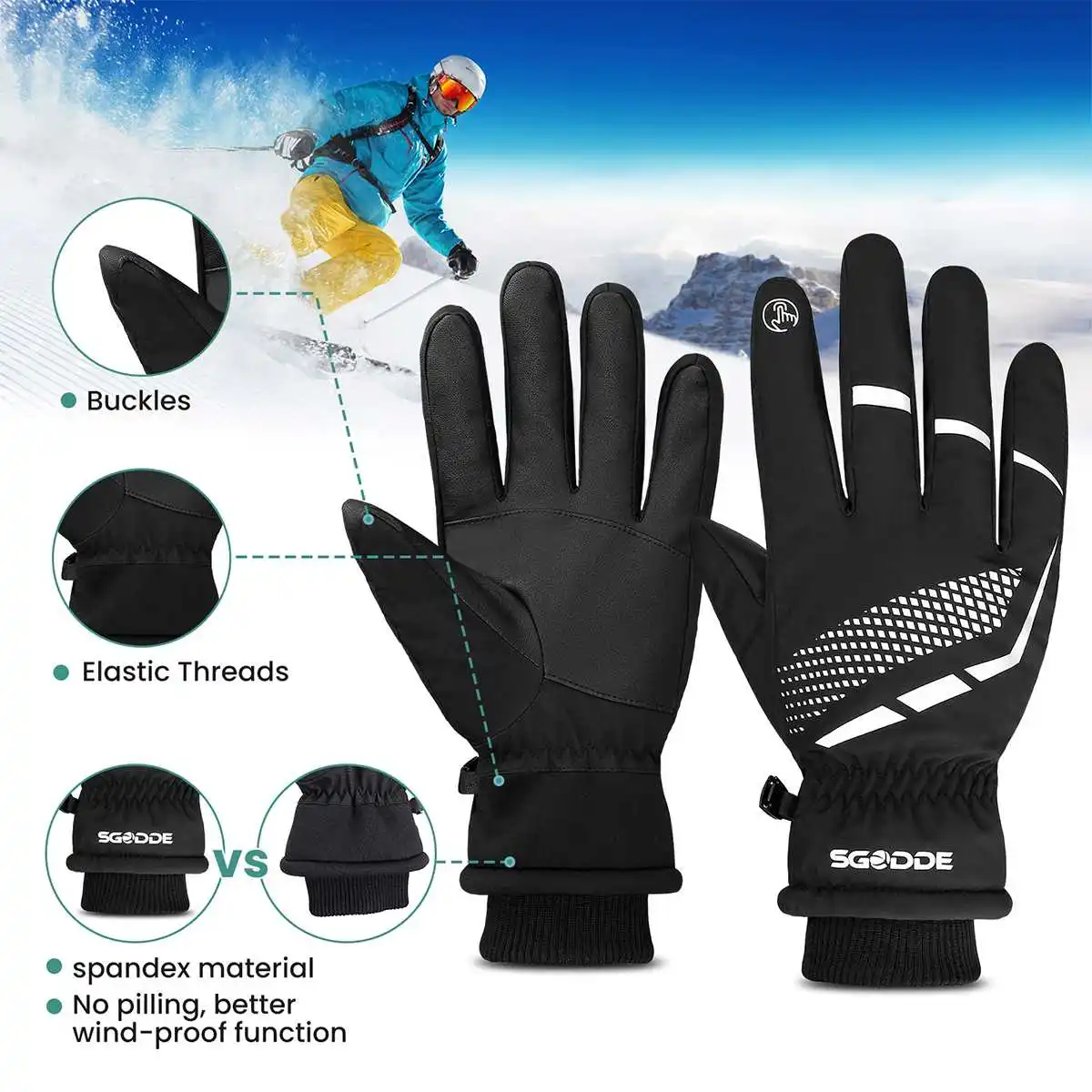 Skiing Gloves Touch Screen Gloves Thicken Antislip Thermal Outdoor Sports Waterproof Winter Warm Skiing Riding Hiking Running