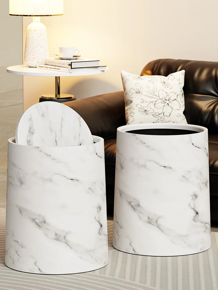 

Double-Layered Flip-Open Design Luxury Marble-Like Hotel Room Tra Can Restaurant And Batoom Waste Bin Disposable Garbage Can
