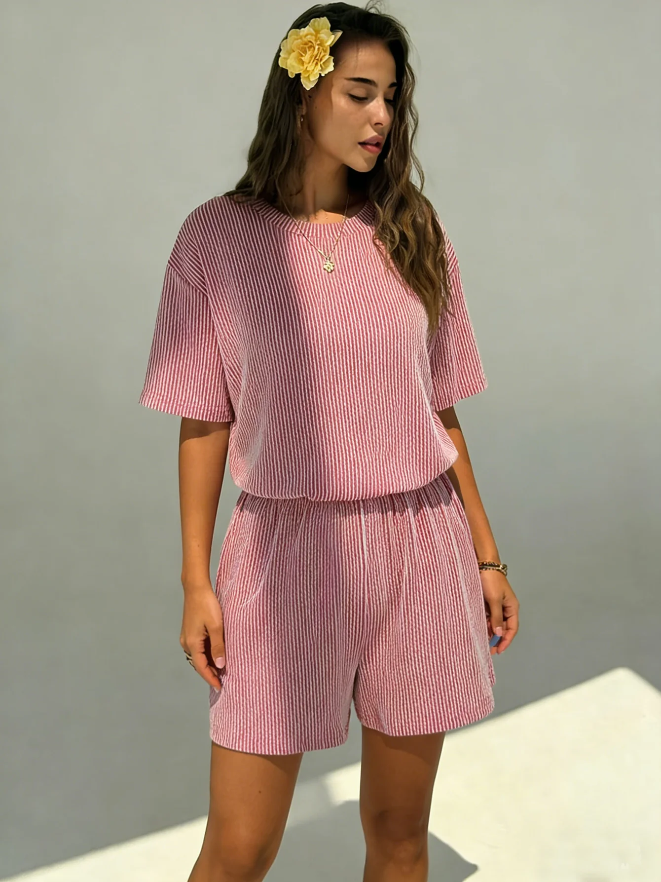 

Women Two Piece Set Short Sleeve Round Neck Striped Loose Casual Outfit Spring Summer Relaxed Loungewear Vacation Outfit