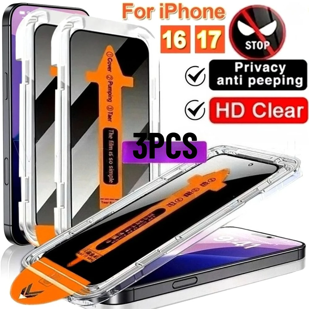 

3Pcs Anti Spy Full Screen Protector for iPhone 17 16 15 Pro Max 17e 16e Air 15 14 Plus 13 12 11 Pro Dust Free Installation Glass