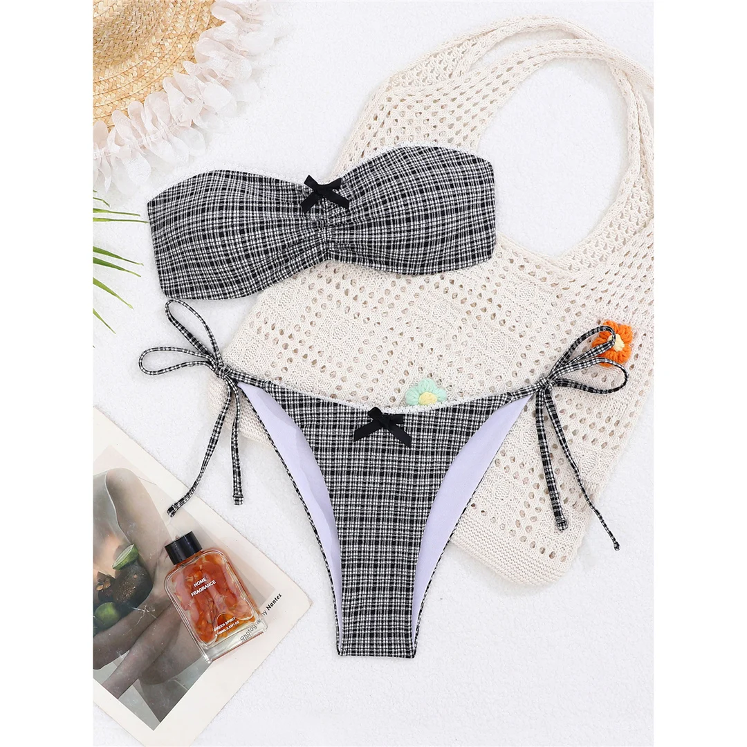 Karierter Bandeau-Bikini, Damen-Badebekleidung, zweiteiliger Bikini-Set, mit Trägern, hoch geschnitten, Badeanzug, Badebekleidung, Modell V8193. – Detail 7