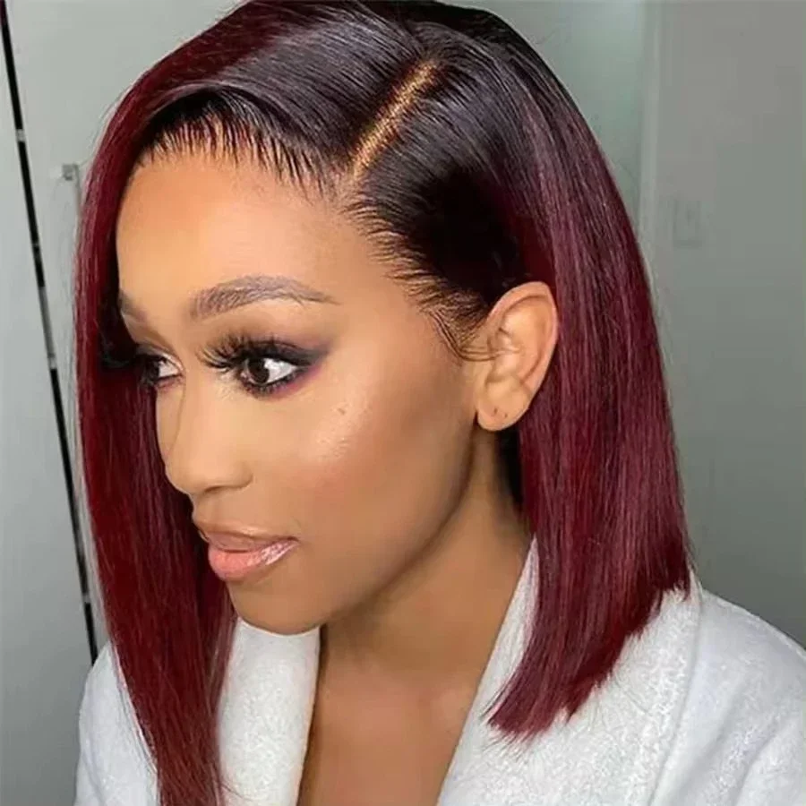 ﻿   Wig Rambut Manusia Bob Lurus Merah 13X4 dengan Lace Frontal untuk Wanita, Wig Rambut Manusia 100% Lurus Bob Pendek untuk Cosplay ﻿   HD (Definisi Tinggi)