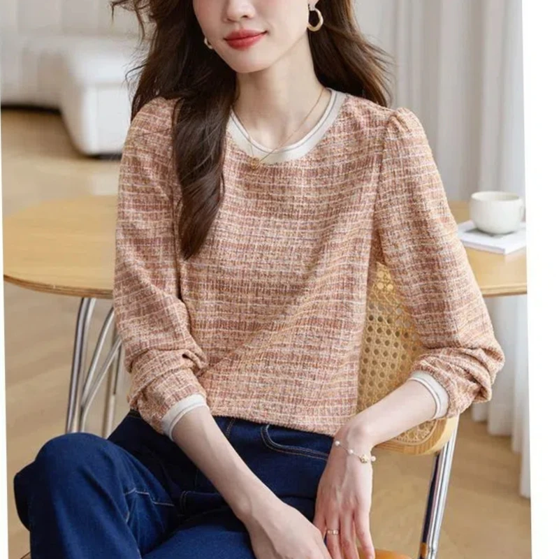 Simplicity Office Lady Spring Autumn Bottoming Female Women\'s O-Neck Print French Style Fashion Loose Long Sleeve T-Shirts Tops