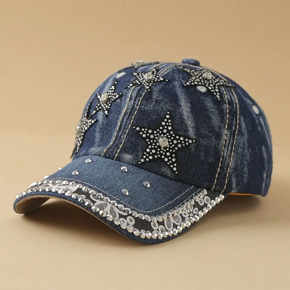 Fashion Adjustable Denim Baseball Cap with Pearl Embellished Bow Peaked Cap Breathable Versatile Sun Hat Outdoor