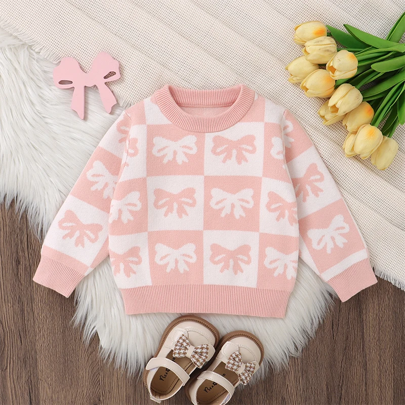 2024-07-03 Lioraitiin Toddler Girls Sweater Bowknot Print Contrast Color Crew Neck Long Sleeve Baby Pullovers Fall Clothes Tops