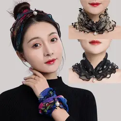 Summer Organza Neck Collar Pearl Pendant Ruffle Lace Scarf Women Elastic Loop Scarf Multi-functional Neck Wrap Bandana Headband