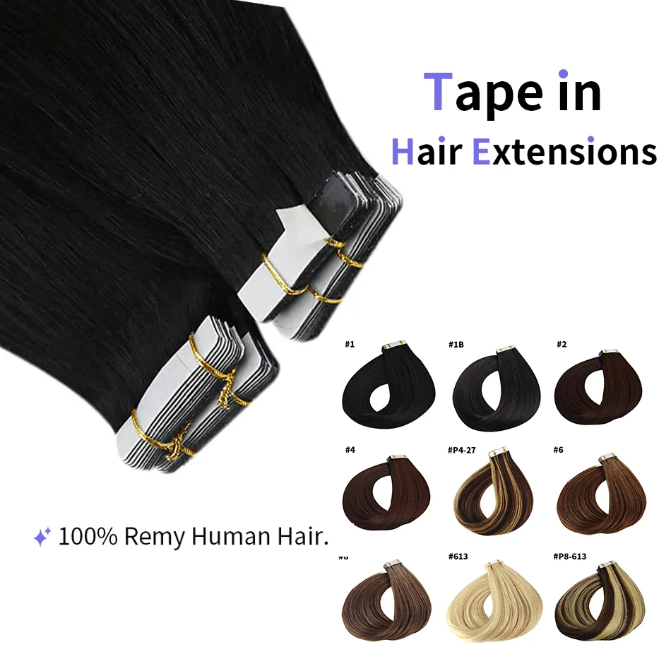 Tape In Human Hair Extensions 16-26 Inch Straight Natural Black #1 100% Remy Skin Weft Adhesive Glue On For Salon High Quality