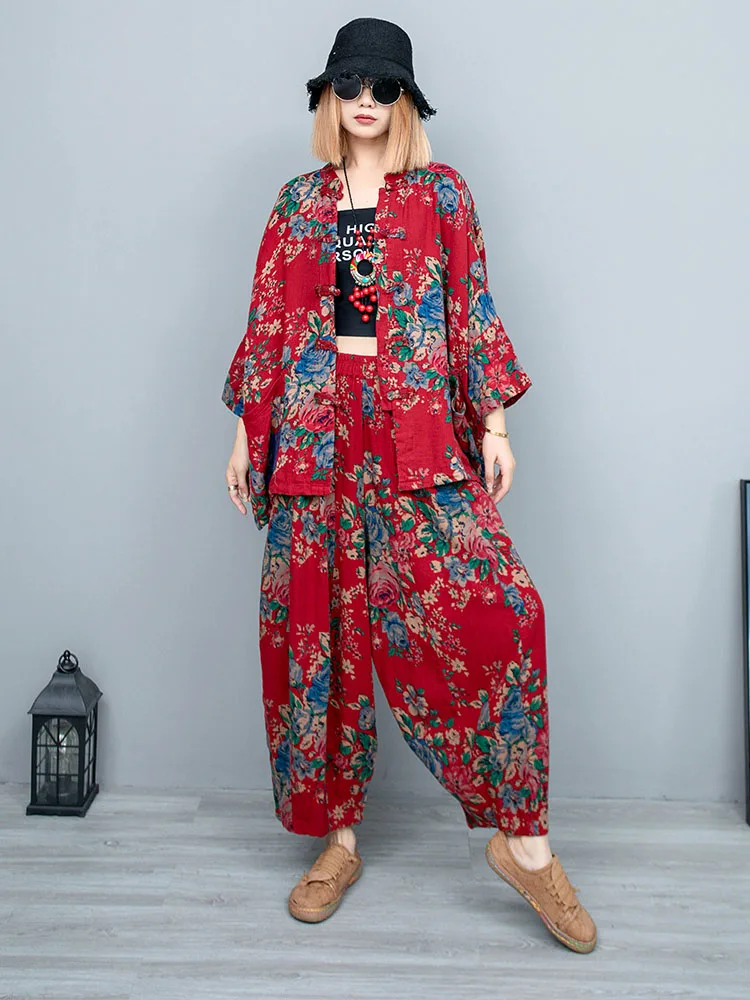 Red Flower Cotton Linen Pumpkin Pants Women 2024 Spring Summer Loose Floral Pant LX1170