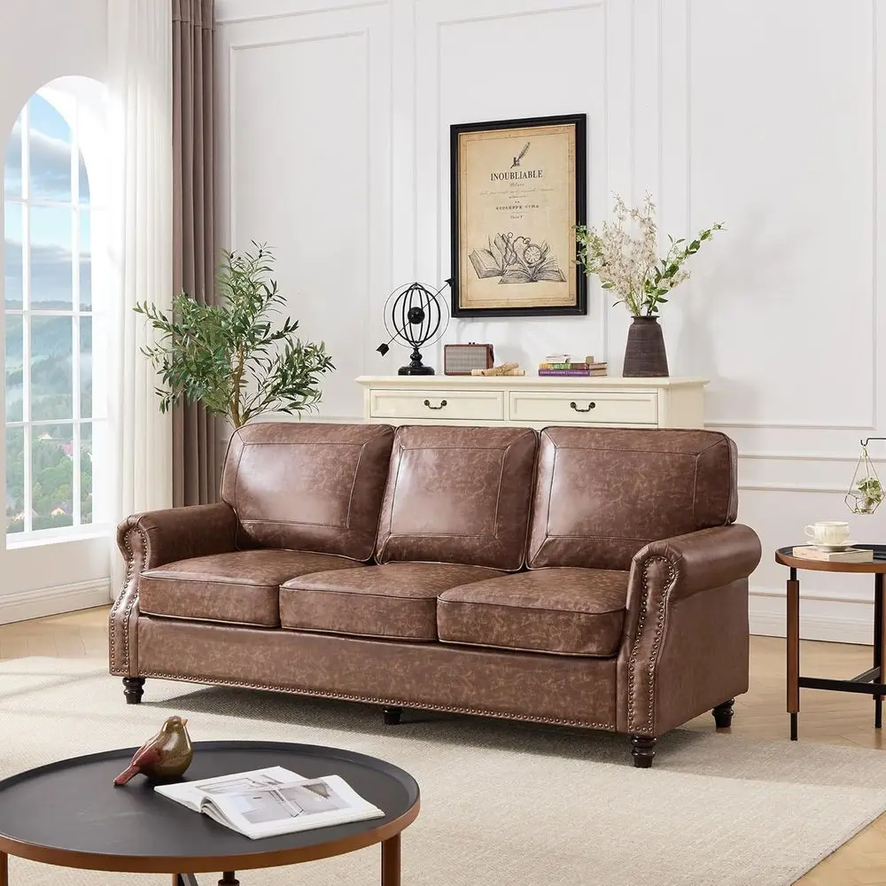 

Classic 3-Seat Rolled Arm Leather Sofa with Nailhead Trim in Caramel Brown for Living Room