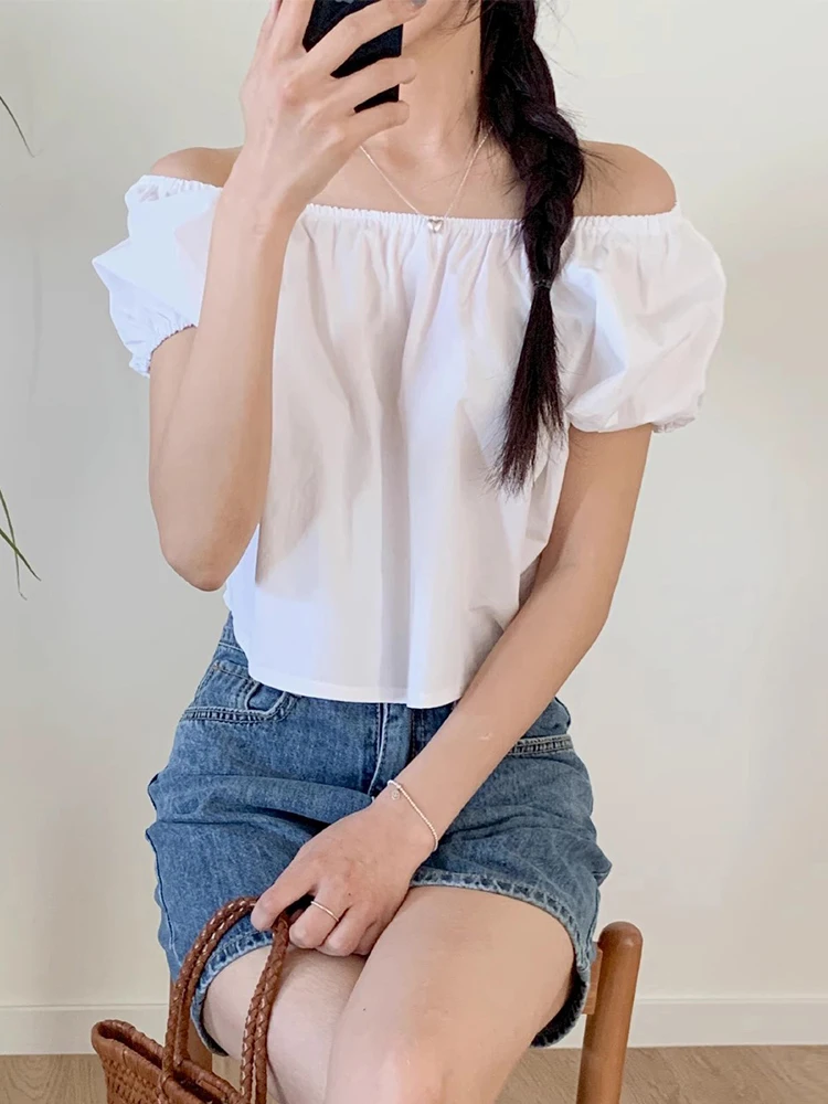 Back Hollow Out Pullover Shirts For Women Slash Neck Short Sleeve Fashion Top Female Blouses 2024 Summer New