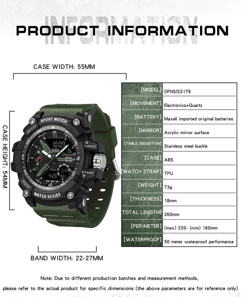 OFNS-Relógio de quartzo impermeável militar masculino, Top 3179, Dual Screen, Luminoso, 50m, Militar, Desportivo, Masculino