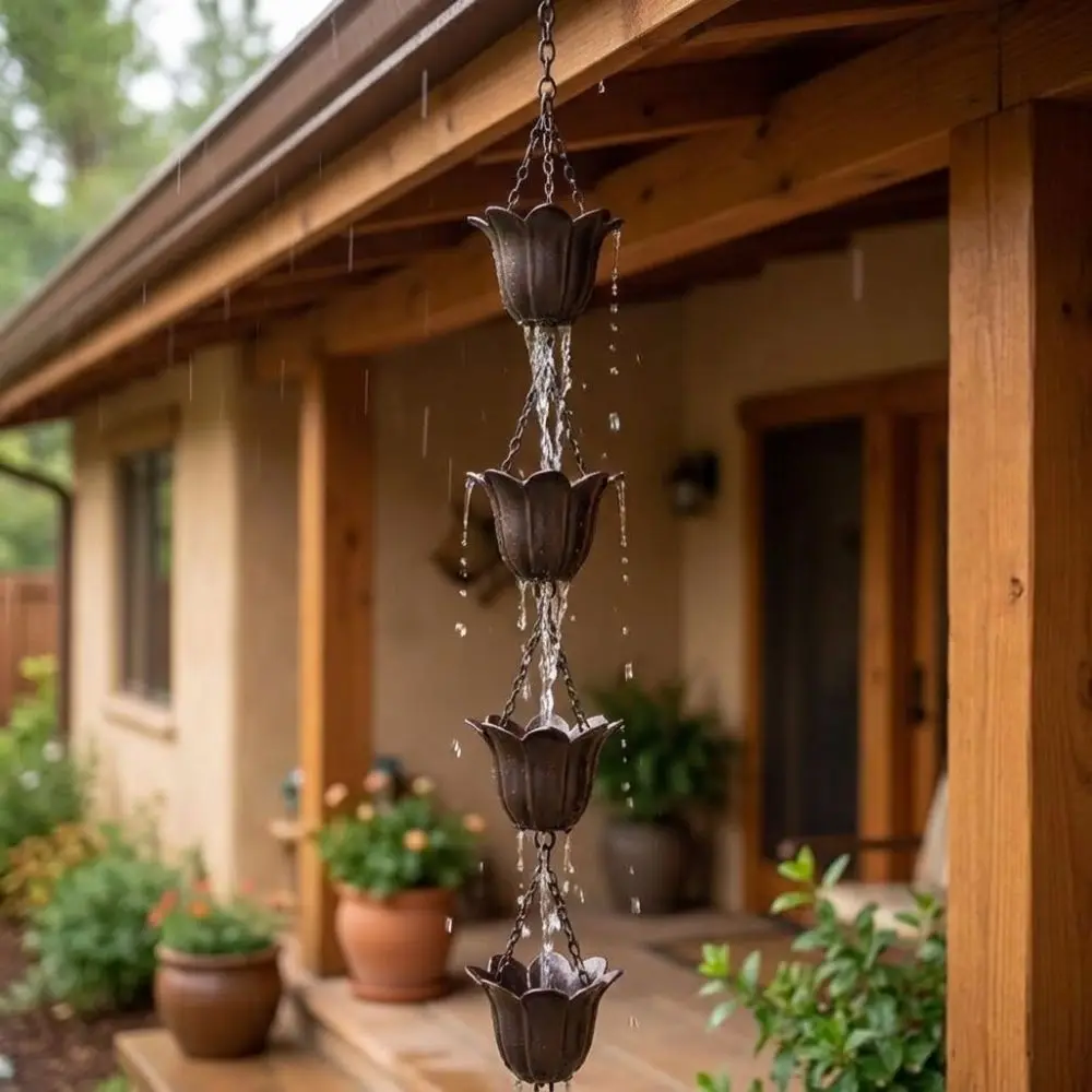 Japanese Style Metal Tulip Rain Chain Hanging Iron Art Water Drainage Chain Directs Water 7 Cups Rain Chain for Gutters