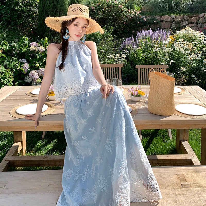 Ele Blue Embroidered Hollow out round Ne Svel Vest High Waist Lace Trim Maxi Skirt Holiday Outfit Women's Faion...