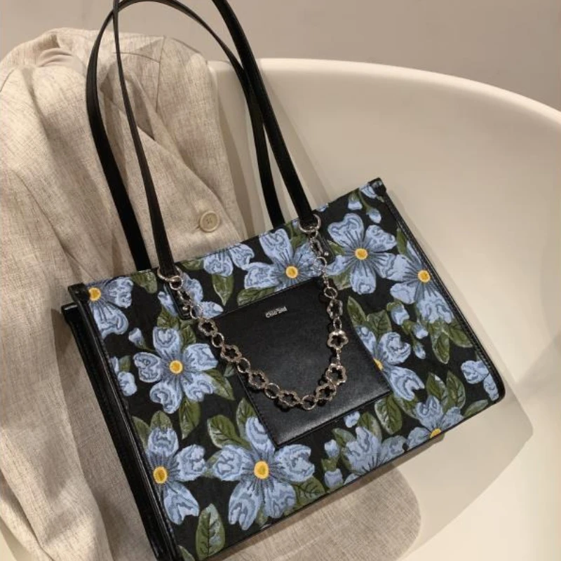 JBTP bolso de hombro de gran capacidad, bolso de mano de cuero Pu con estampado de flores, cadena de letras, estilo de jardín, Vintage, elegante