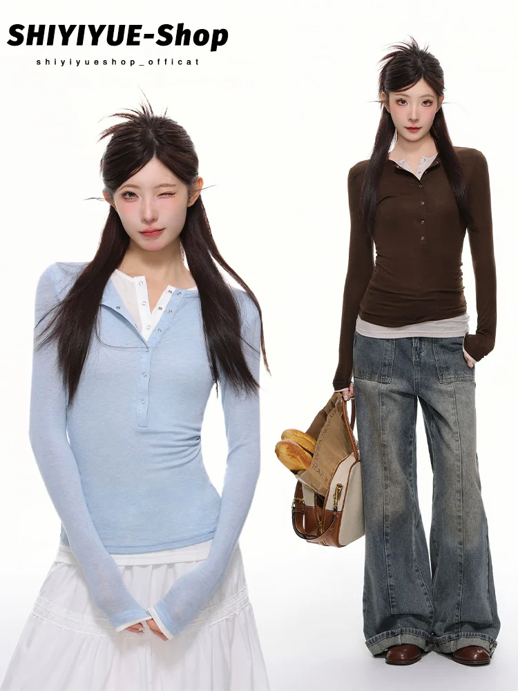 

Облегающая трикотажная футболка Long Sve, женский топ с воротником Генри, американский базовый слой, irt Ins, осенняя женская футболка Faion