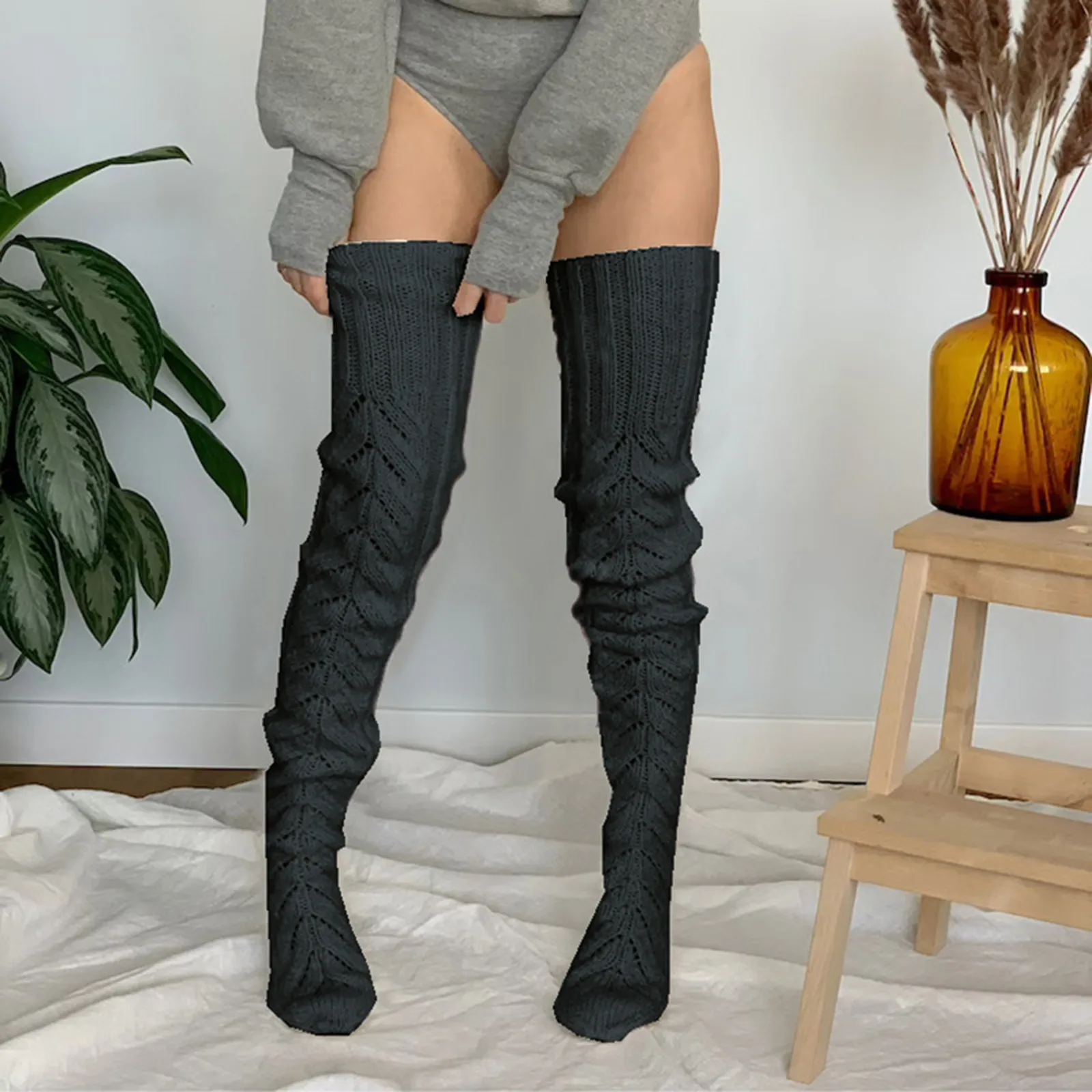 Sexy Knitted Long Socks Womens Fleece Thick Warm Knee Erotic Tight High Socks Lingeries Solid Color Aesthetics Knee Stockings