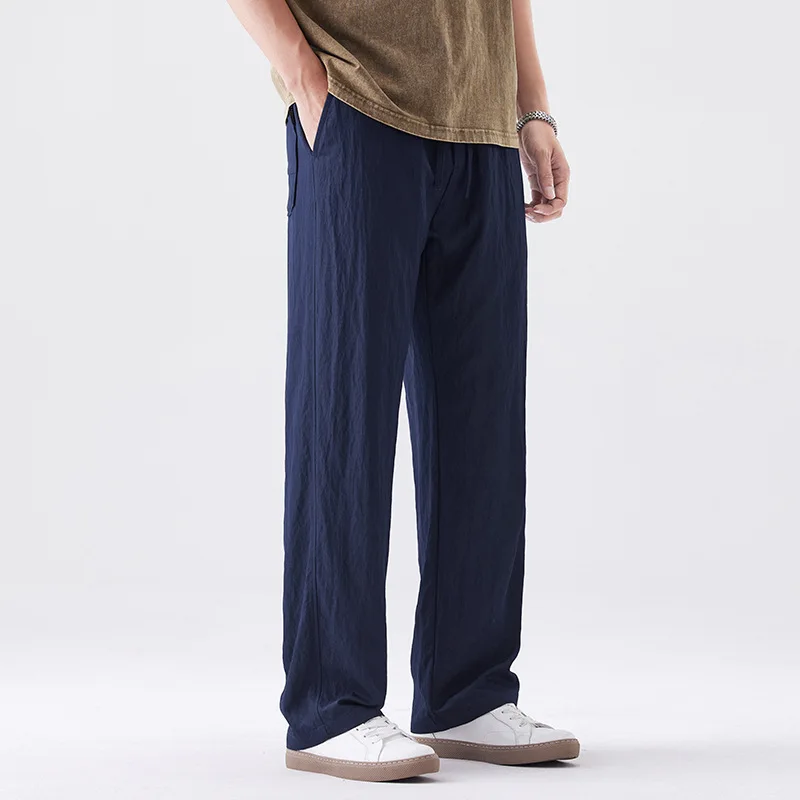 سراويل رجالية صيفية 2025 عصرية جديدة، بسيطة، فضفاضة، قابلة للتنفس، متعددة الاستخدامات، سراويل رفيعة، ريترو أمريكي، سراويل كاجوال عمودية