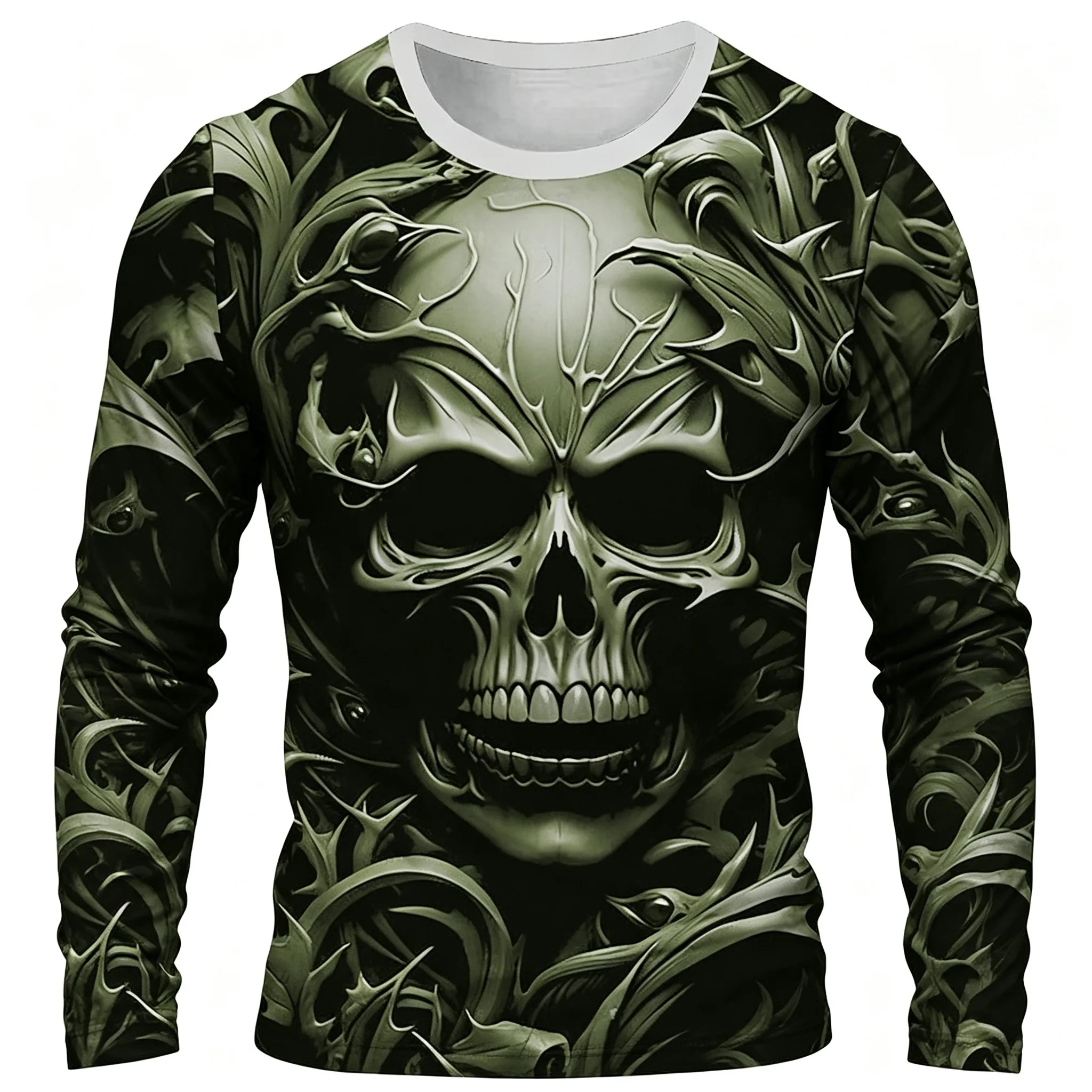 Men Halloween Green Thorn Skull 3D Print Long Sleeve T‑shirt Gothic Spooky Pattern Crew Neck Casual Party Costume Tops