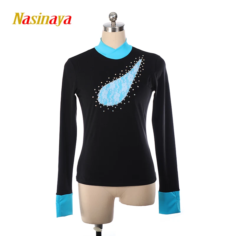 

Shiny Figure Skating Women's Training Top Clothing Black Sky Blue Long Sleeve Lace Artistic Gymnastics Performance Clothing