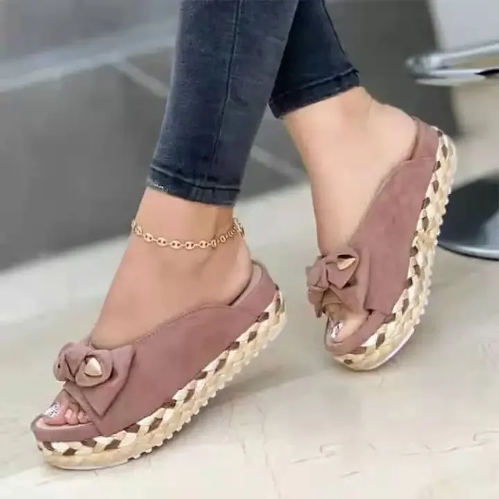 Zapatillas de suela gruesa tejida para mujer, sandalias de costura suave, cómodas, planas, zapatos de playa con punta abierta