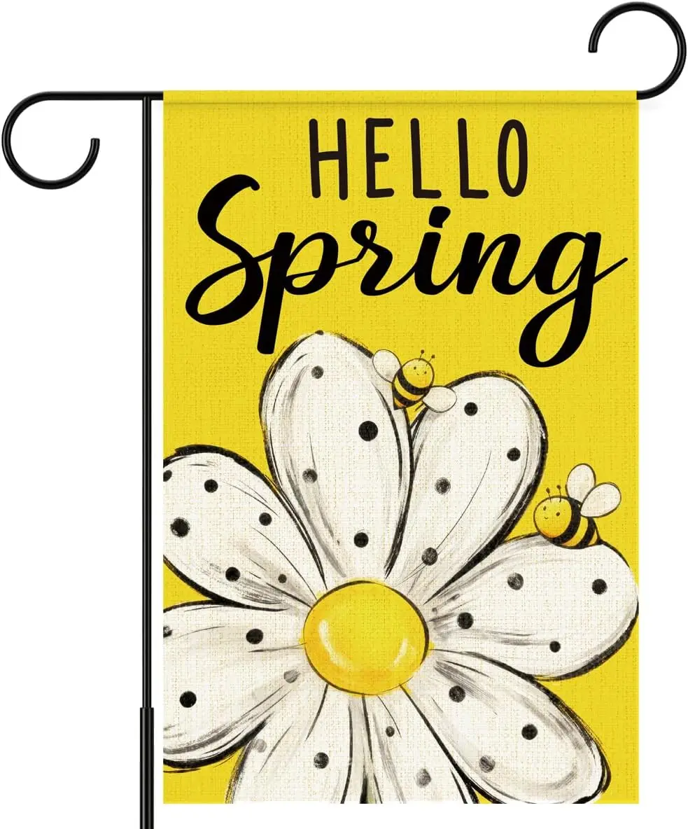 Hello Spring Garden Flag 12x18 Inch Double Sided, Spot Daisy Spring Yard Outdoor Flag, Cute Bee Spring Farmhouse Yard Lawn P IIC