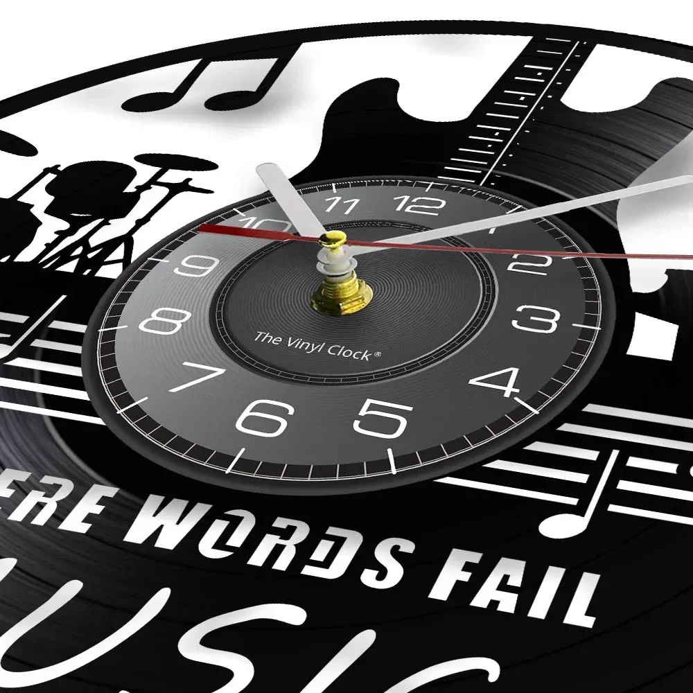 Where Words Fail Music Speaks Musical Quote Wall Art Vinyl Record Wall Clock Guitar Decorative LP Clock Rock N Roll Music Gift