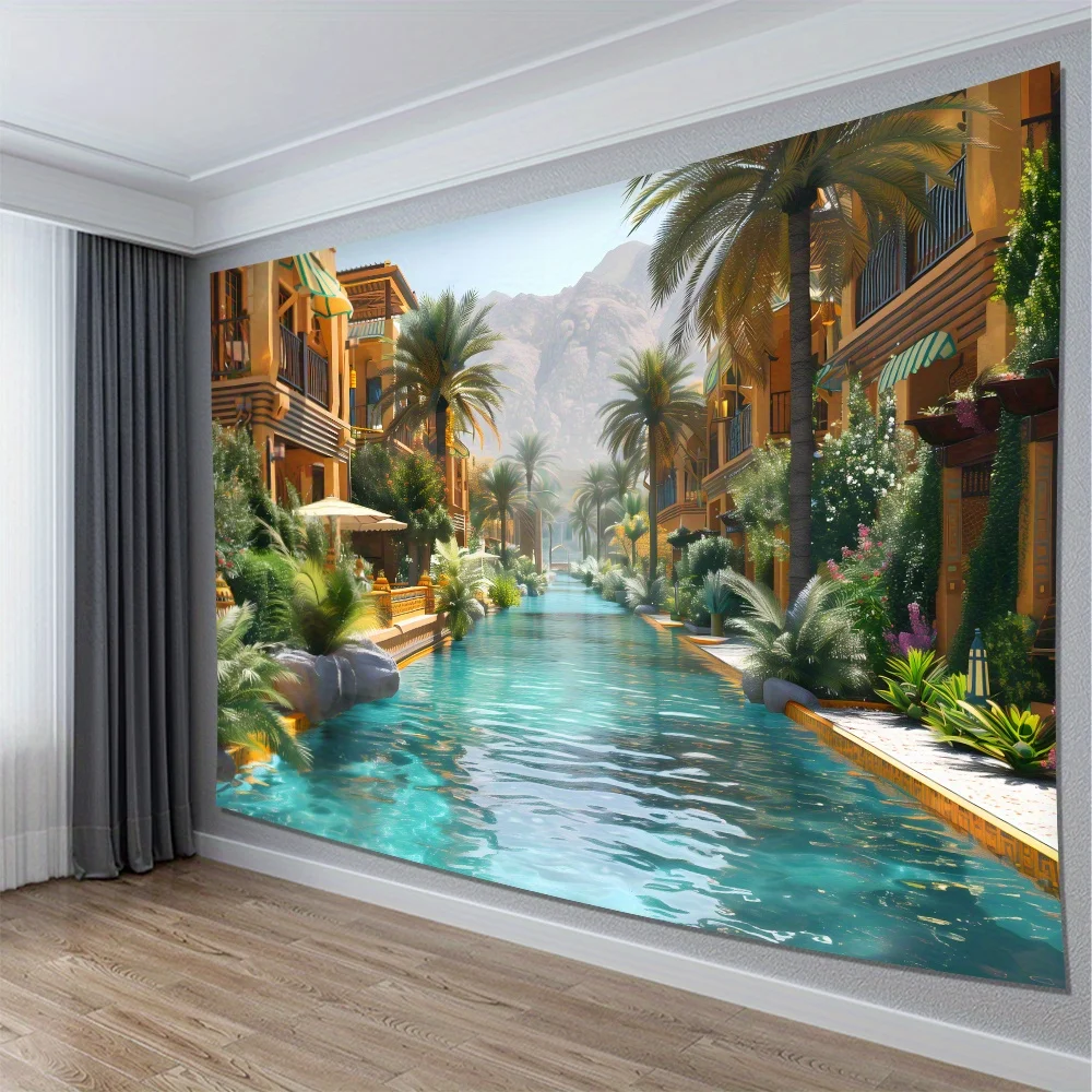 Desert Oasis Canal Village Tapestry 2D Digital Print Polyester Wall Hanging Living Room Bedroom Office Decor with Hooks