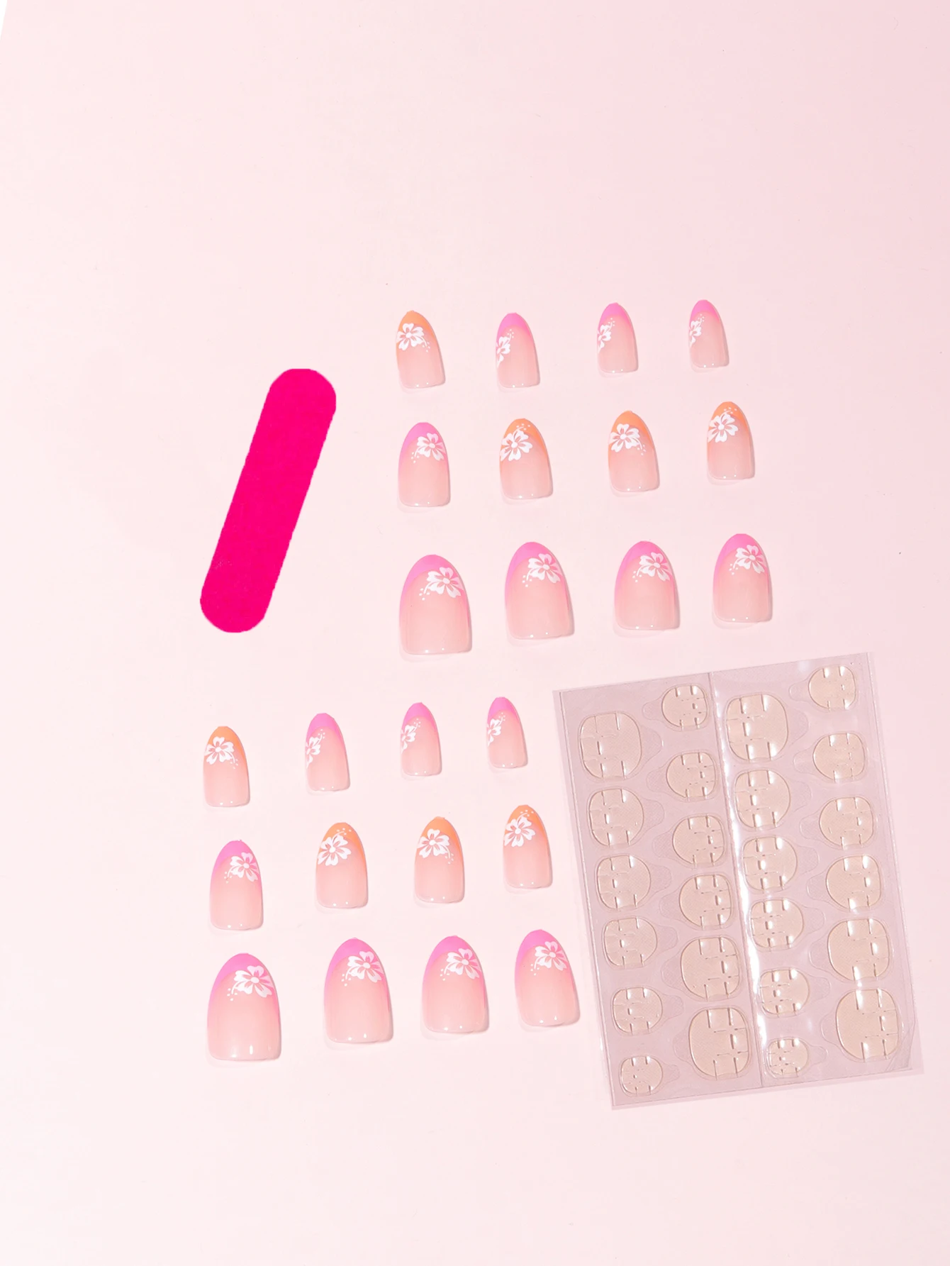 24 Pieces of Long Almond Dual Color French Flower Pattern ABS Fully Covered Fake Nails with 1 Piece of Jelly Glue and 1 File