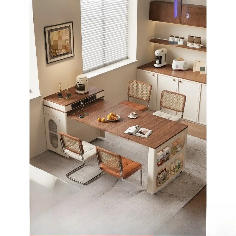 Retractable Combined Island Dining Table, Fold Top Design, Rolling Portable Counter, Multi-scene Home Desk for Meal and Tea Use