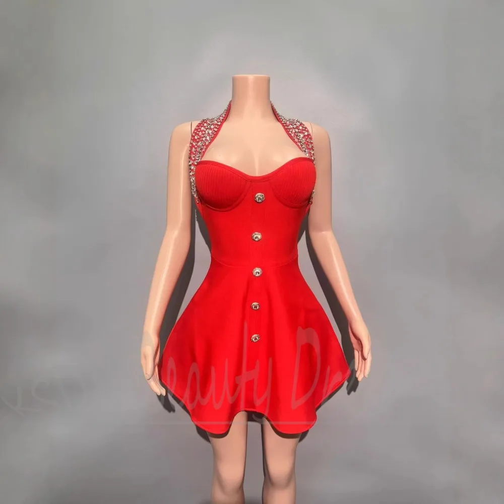 Moda mini vestidos femininos diamantes halter sem mangas vestidos de festa elegante a linha básica formal magro curto vestidos de baile 2025