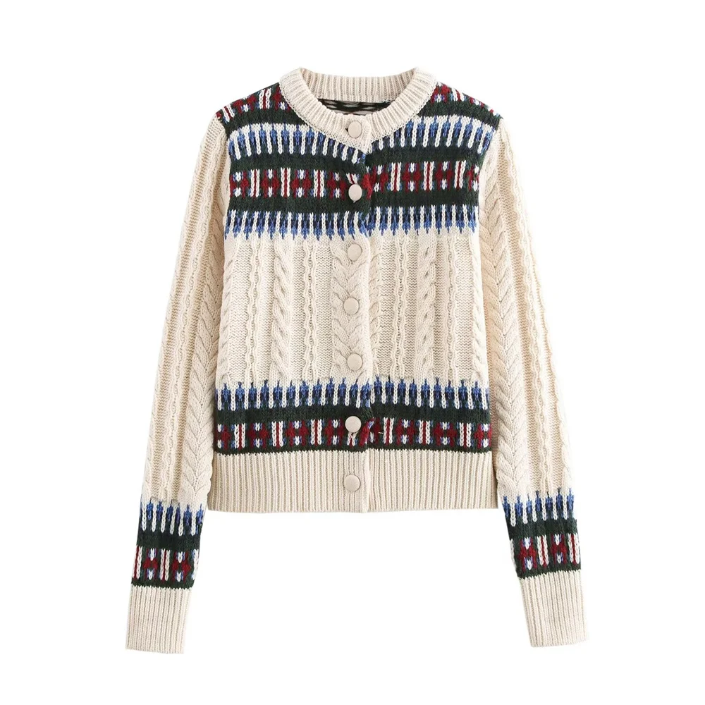 

Zach Ailsa Autumn New Product Women's Fashion Jacquard Splicing Long Sleeve Round Neck Casual Sweater Knitted Short Coat