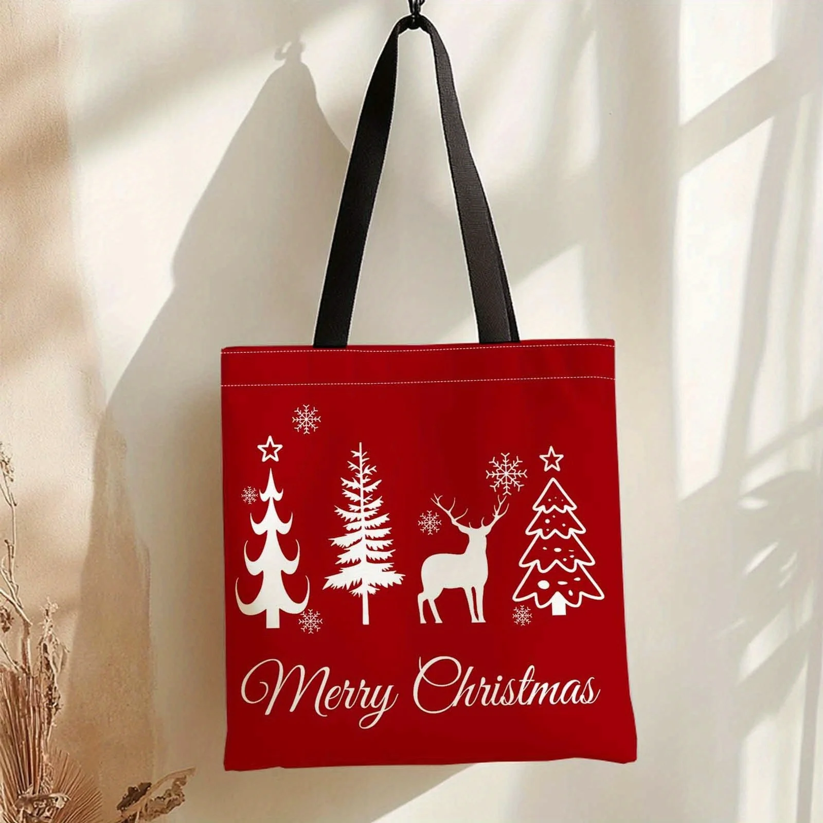 1pc Shopping Bag Portable Shoulder Tote Bag with Christmas Tree Reindeer Snowflake Patterns for Travel Storage Home Decor Gifts