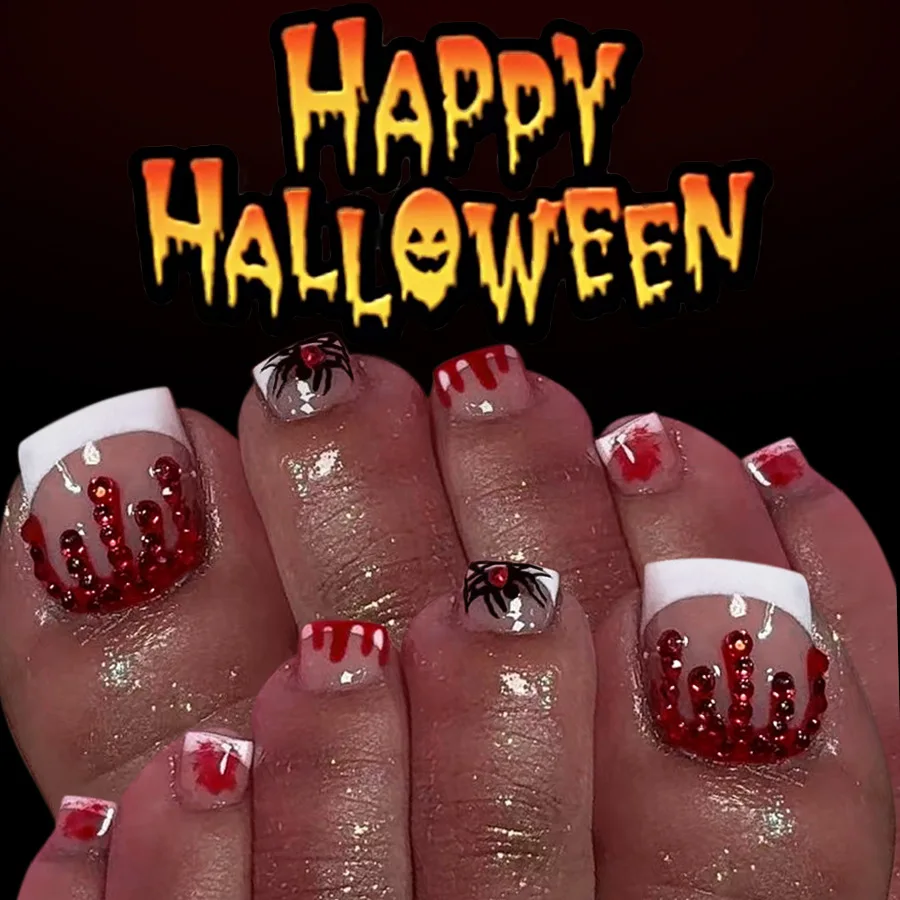 

24/48pcs Holloween Press on Toe Nails Blood Print Fake Toe Nails Spider Decorated Toe Nails Fashion Holloween False Toe Nails