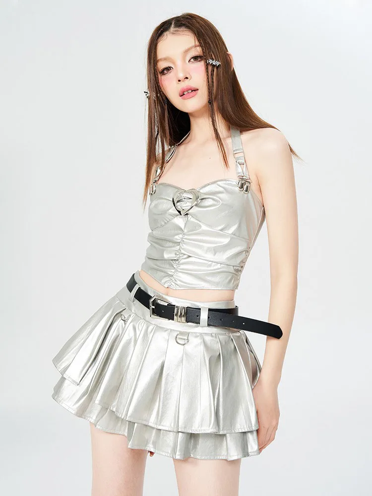 High Quality Fashion Outfits 2 Piece Skirt Set Gyaru Silver Halter Top Cozy + High Waist Pleated Skirt Elegant Coquette Grunge