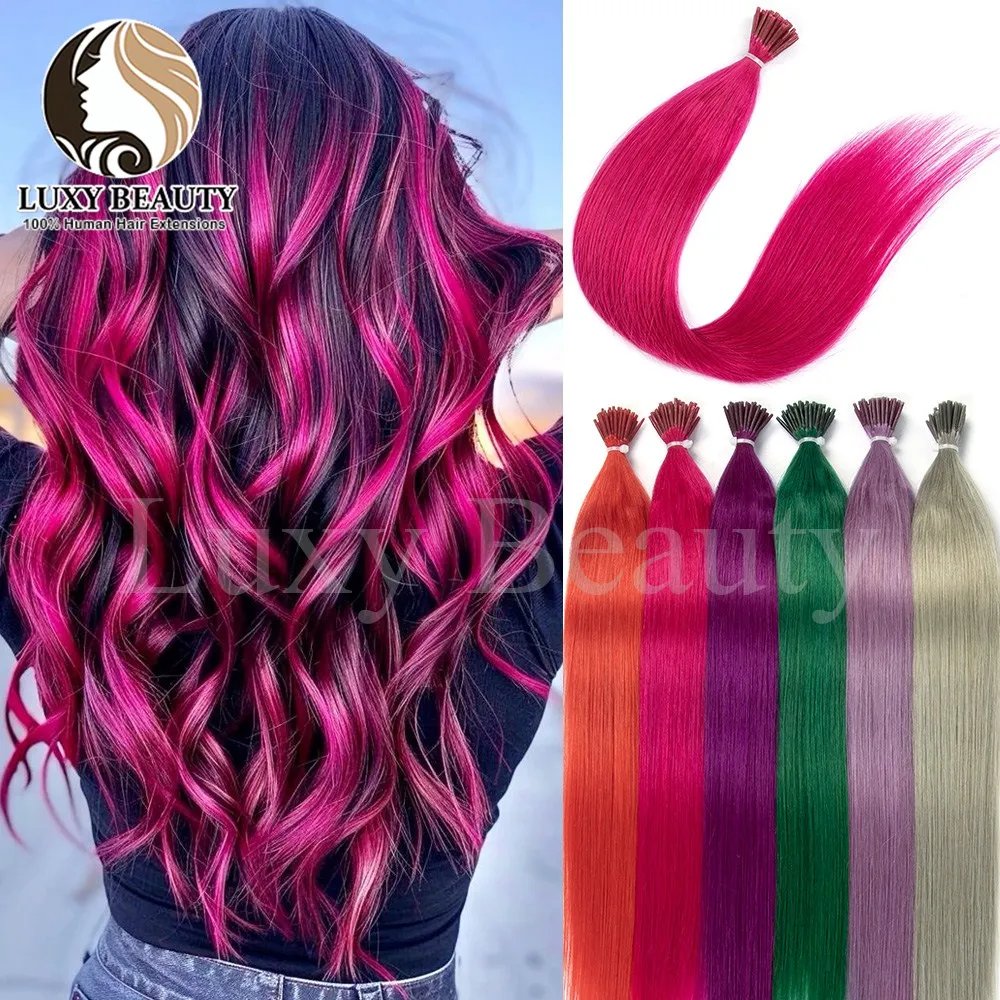 Gekleurd Paars I Tip Micro Bead Human Hair Extensions Roze Groen Blauw Pre Bonded Micro Links Echte menselijke haarverlenging voor salon