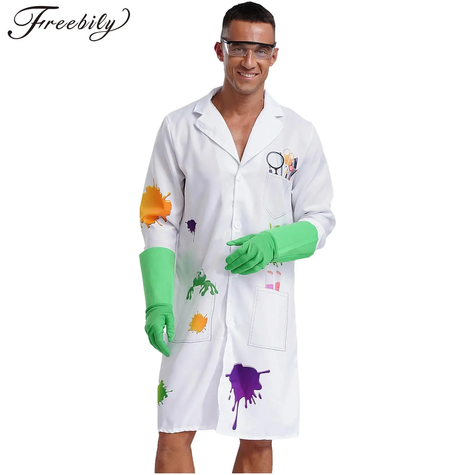 Mens 3-piece Mad Scientist Costume Set Adult Halloween Crazy Scientist Graffiti Lab Coat Glasses Gloves Physicist Costumes