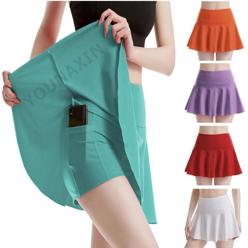 Women's Tennis Culottes High Waist Pocket Fitness Skirt Training Athletic Running Yoga Sports Shorts Lining Girl Anti-emptied