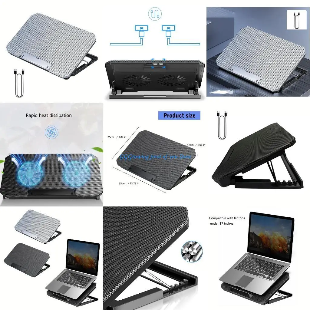 

H9EB Foldable Cooling Pad For Laptop With Double Fan And 2 USB Port Height Adjustable Ergonomic Laptop Holder Tablets Stand