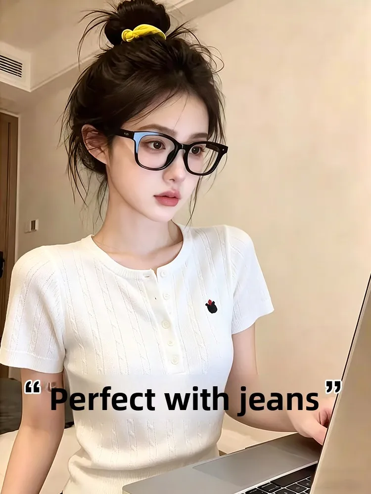 

Korean Style Pure Desire Short Sleeve Embroidered T-Shirt Knitwear Women Summer Outerwear Inner Match Slimming Top