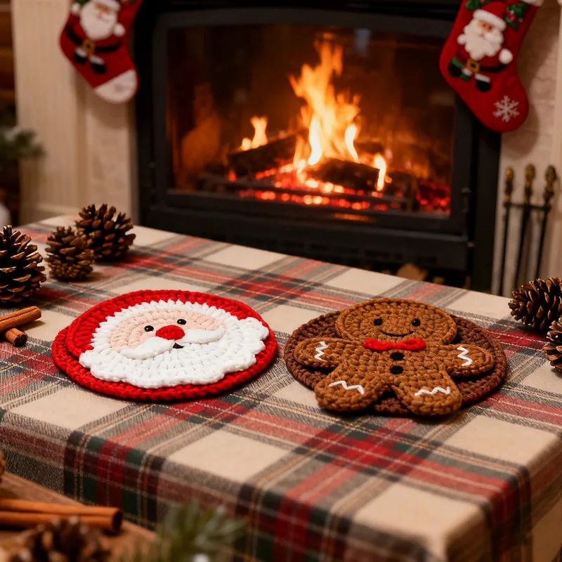 Finished Hand Crocheted Christmas Themed Coaster New Cute Desktop General Knitted Coaster For Christmas Daily Table Decoration
