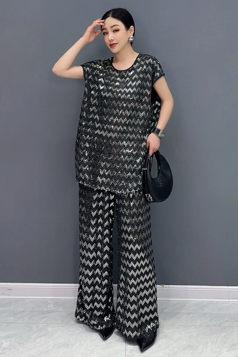 2024 Summer New Set Women Shining Loose O Neck Short Sleeve T-shirt Wide Leg Pants Two Piece Set