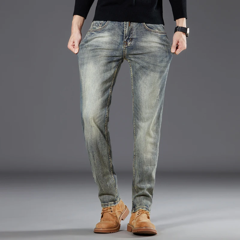 High quality retro American jeans men's 2024 spring and autumn elastic straight leg pants men's casual jeans denim men clothing