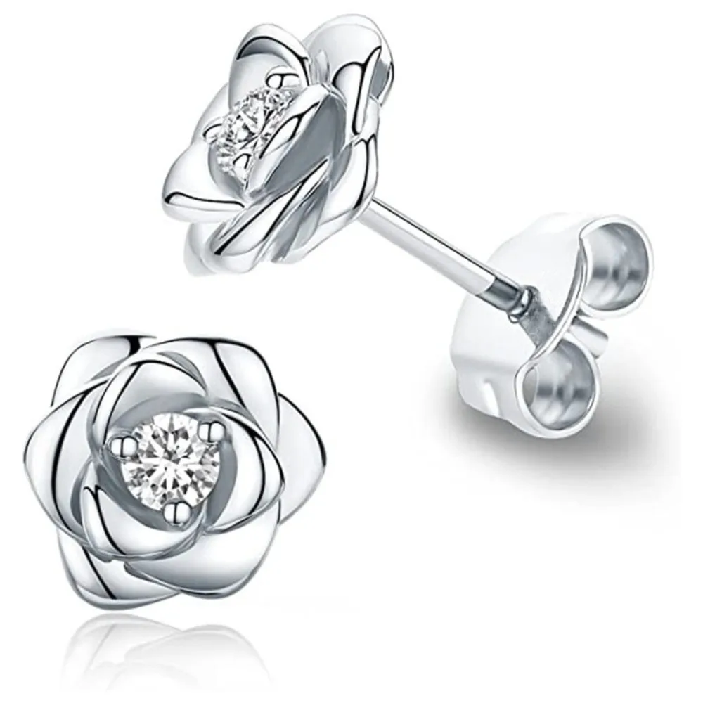 Fashion Sweet Inlay Pink Clear 5A Zircon Multi Color Metal Rose Shape Stud Earrings for Women Dainty Stackable Piercing Jewelry