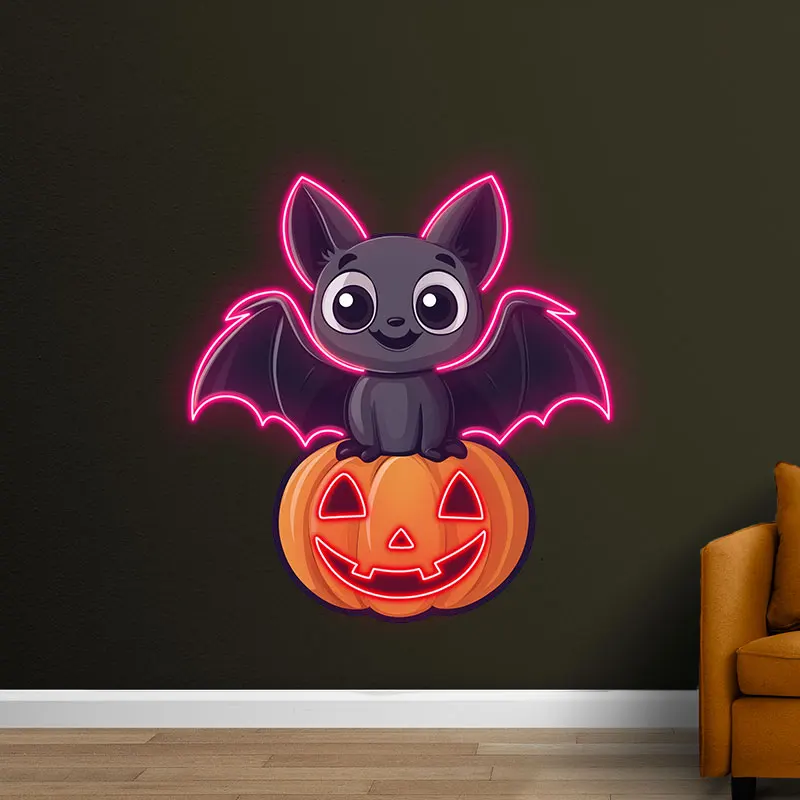 Adorable Bat & Pumpkin Halloween Neon Light, LED Party Decoration for Kids, Indoor Wall Decor, Spooky Atmosphere, Perfect Gift