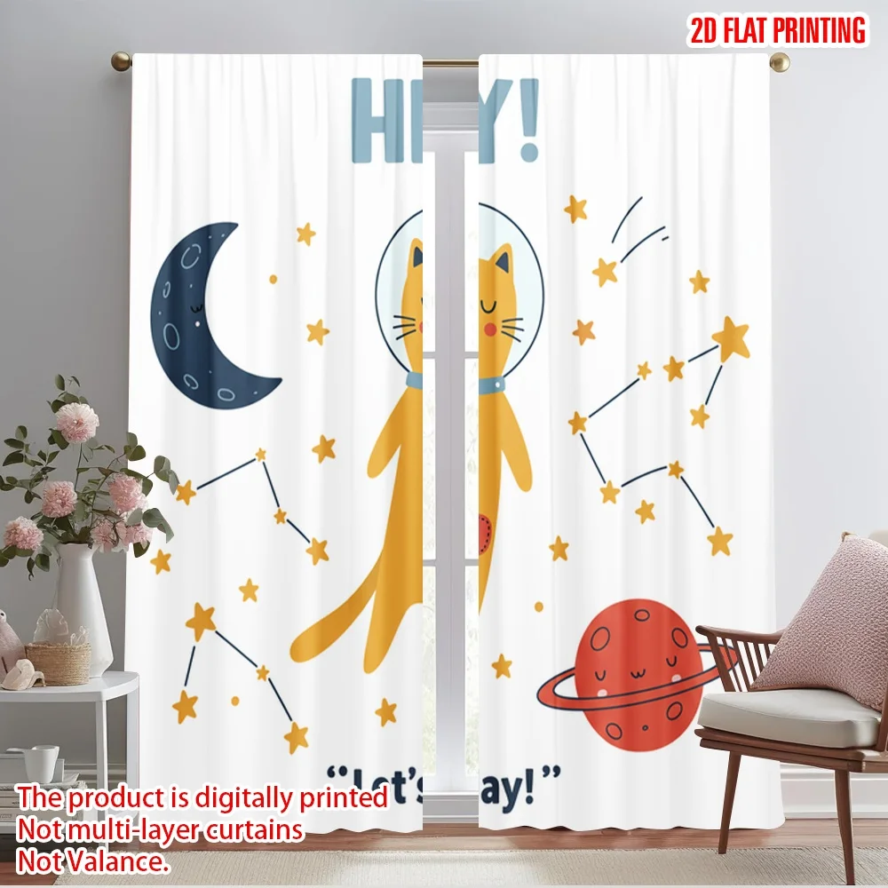 

2pcs 2D flat printing Drapes Space Cat Playful Astronaut Polyester Without Electricity Festive Wall Decor Use for Parties and