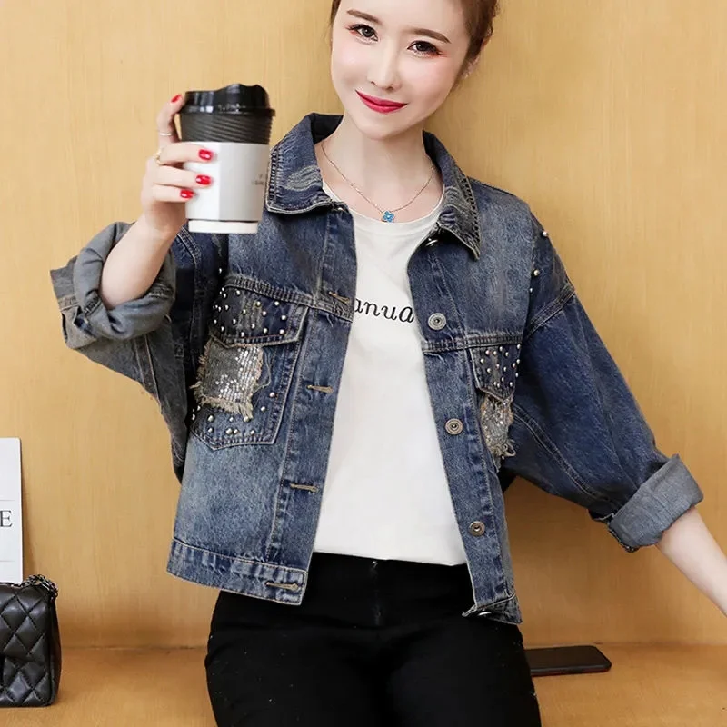 

Women Fashion Long Sleeves Jeans Jacket Korean Lady Loose Fitting Denim Outwear Spring Autumn Female Short Hole Cowboy Overwear