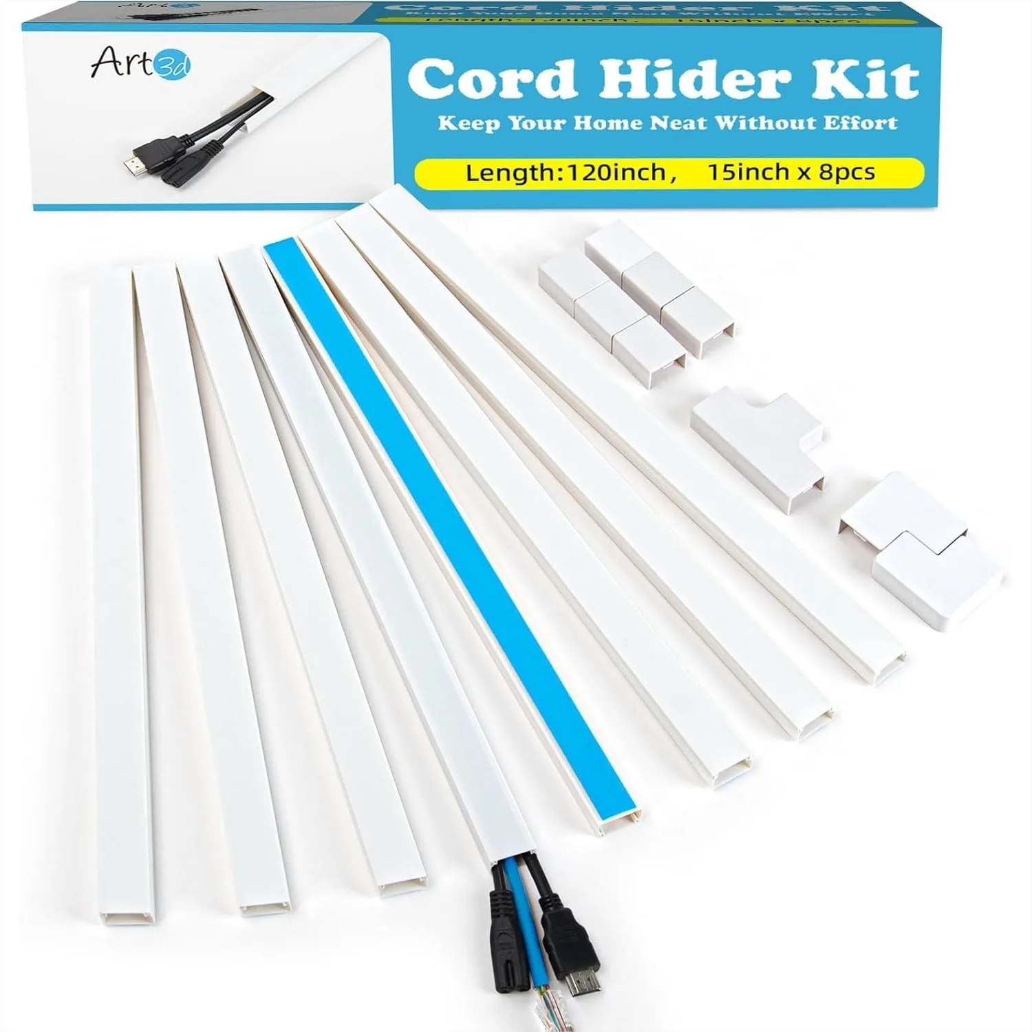 Large Cable Hider 120in Cord Cover Self Adhesive Wire Raceway for 4 Cords Paintable Wall Mount TV Cord Management 8Pcs 0.94x0.54in White