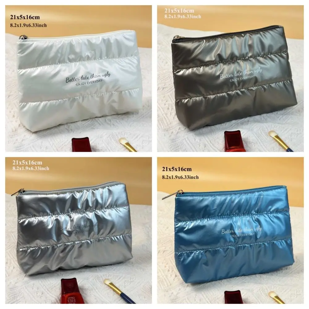 Portable Shiny Fluffy Makeup Bag Zipper Pouch Quilted Puffer Cosmetic Bag Large Capacity Toiletries Skincare Storage Bag Women